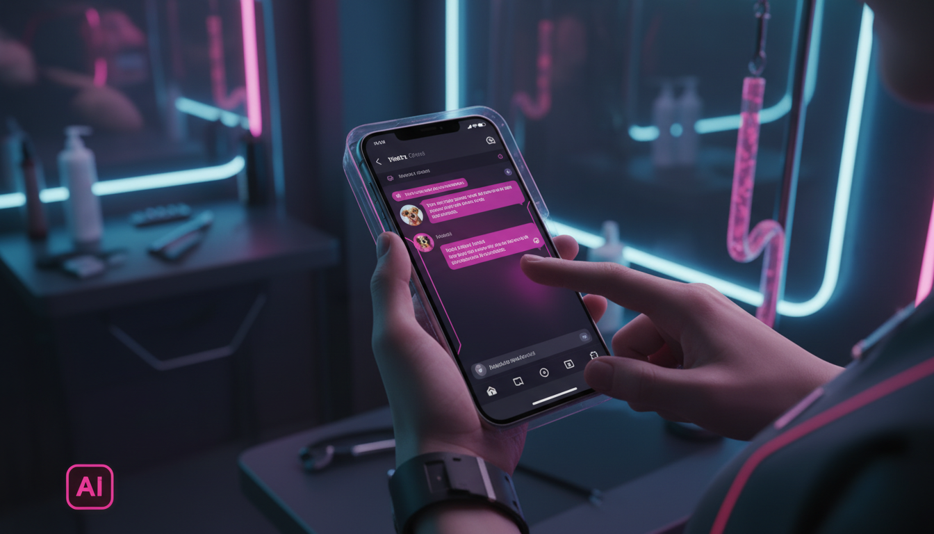 O que é Automação de Marketing no Instagram e qual seu impacto em Pet Shops? — Close-up das mãos de um atendente de pet shop usando um smartphone. A tela do celular mostra uma conversa no Direct do In