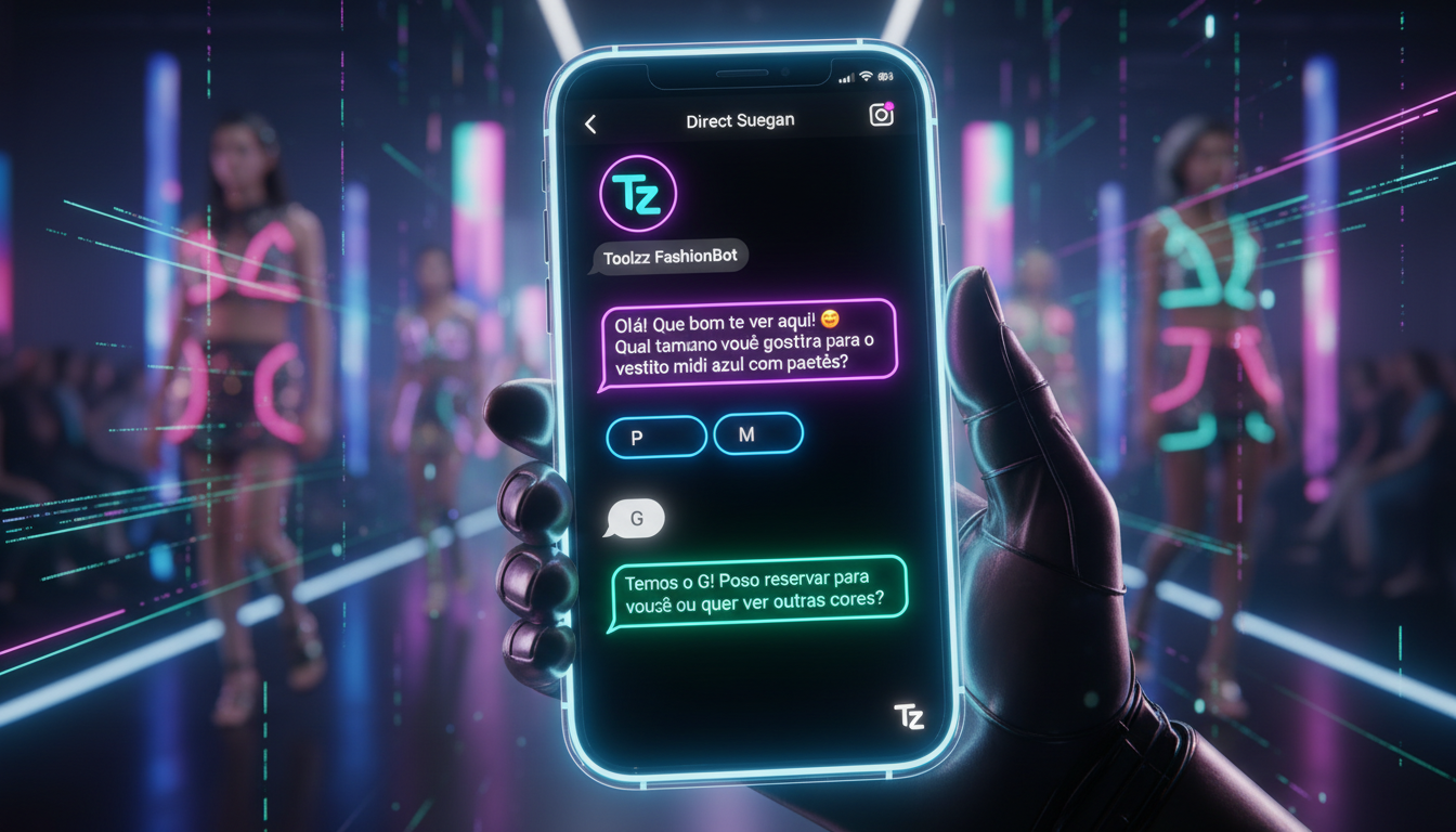O que é Automação de Marketing no Instagram e qual seu impacto na Moda? — Close-up de um smartphone mostrando uma conversa em DM do Instagram. Um chatbot, com o logo da Toolzz como avatar, responde a 