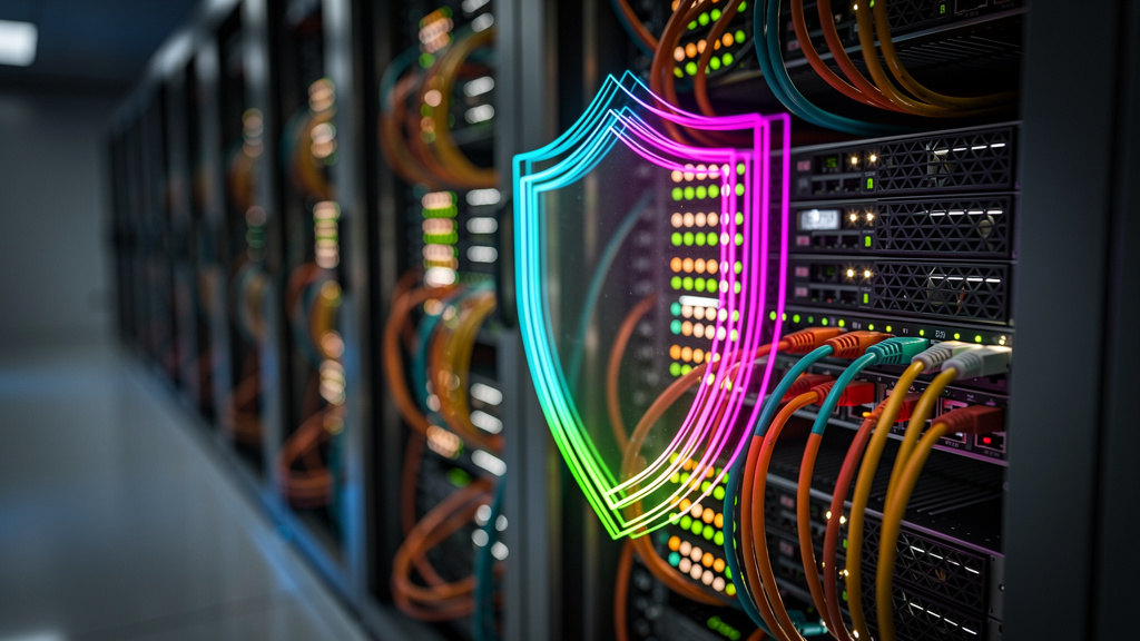 O que é Backup Automático e como aplicar na Educação Corporativa/EAD? — Um close-up de um servidor de dados em um data center, com luzes piscando e cabos coloridos. Um holograma do logo Toolzz sobrepo