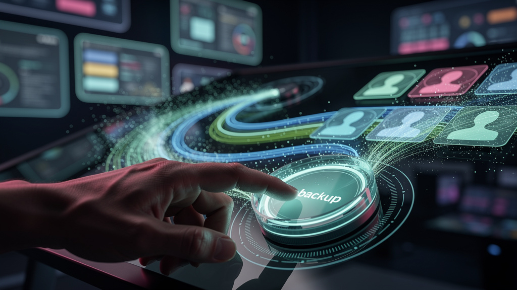 O que é Backup Automático e como aplicar na Educação Corporativa/EAD — Um close-up estilizado de um botão 'Backup Automático' sendo pressionado em um painel de controle virtual futurista. O botão emit