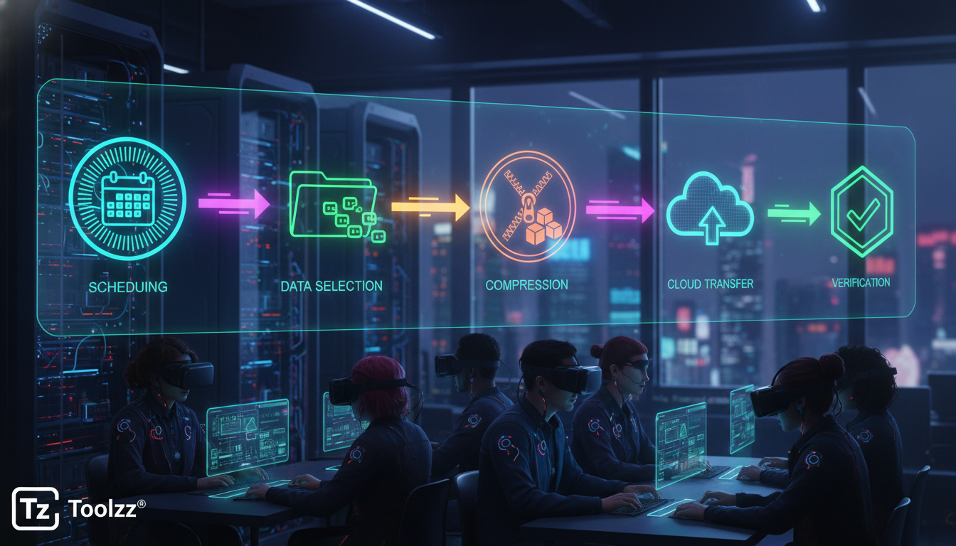 O que é Backup Automático e como aplicar na Educação Corporativa/EAD — Um diagrama de fluxo simplificado mostrando o processo de backup automático. O fluxo começa com um ícone de agendamento (calendár