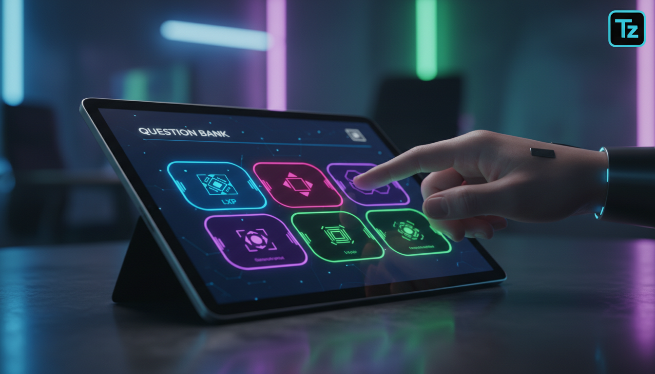 O que é Banco de Questões e como aplicar na Educação Corporativa — Um close-up de um tablet exibindo uma interface de banco de questões. As questões são organizadas em cartões coloridos, cada um repre