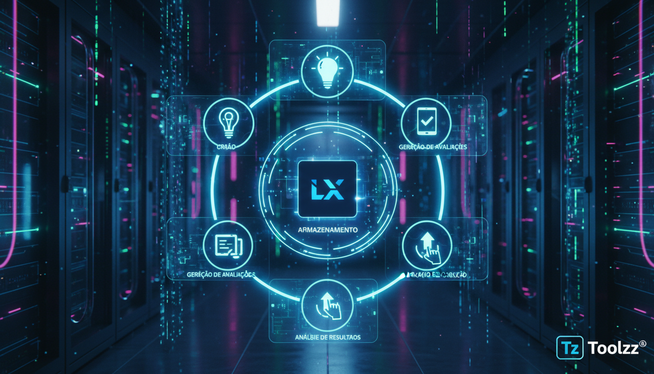 O que é Banco de Questões e como aplicar na Educação Corporativa — Um diagrama de fluxo circular mostrando as etapas do funcionamento de um Banco de Questões: Criação, Armazenamento (com um servidor e