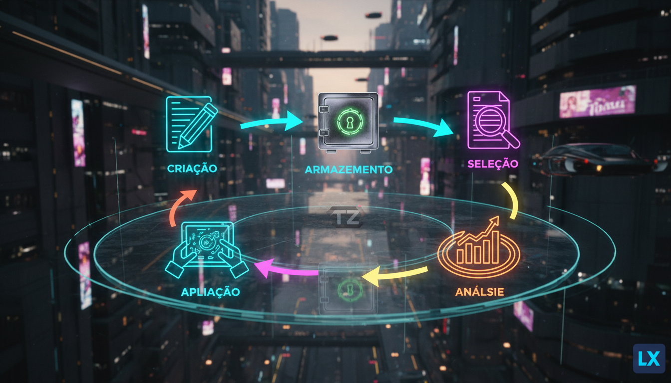 O que é Banco de Questões e como aplicar na Educação Corporativa? — Um diagrama visual mostrando o ciclo de vida de uma questão em um banco de questões. No canto superior esquerdo, a 'Criação' de uma 