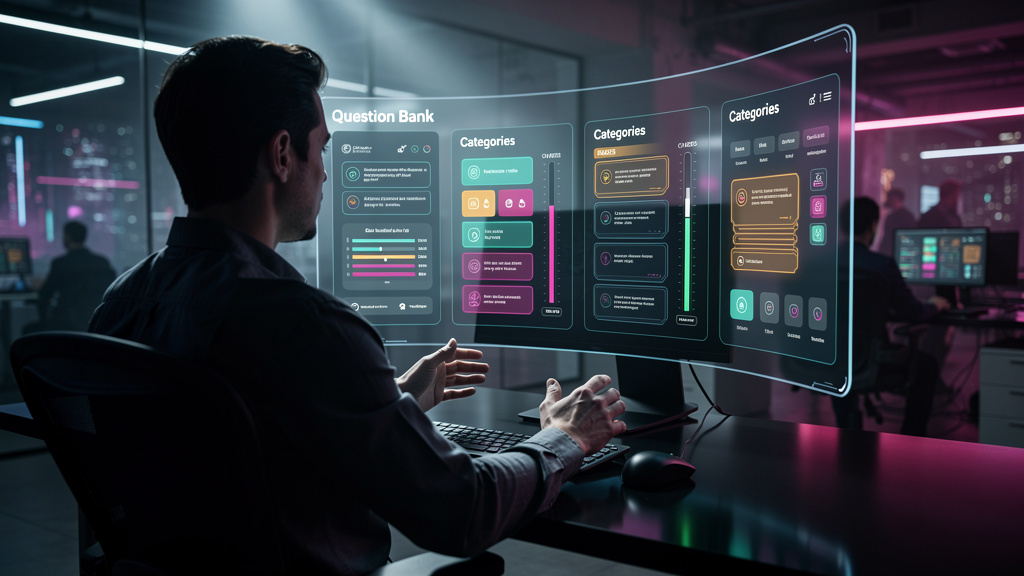 O que é Banco de Questões e como aplicar na Educação Corporativa/EAD? — Ilustração de um painel de controle de um sistema de Banco de Questões. O painel mostra diversas categorias de questões, filtros