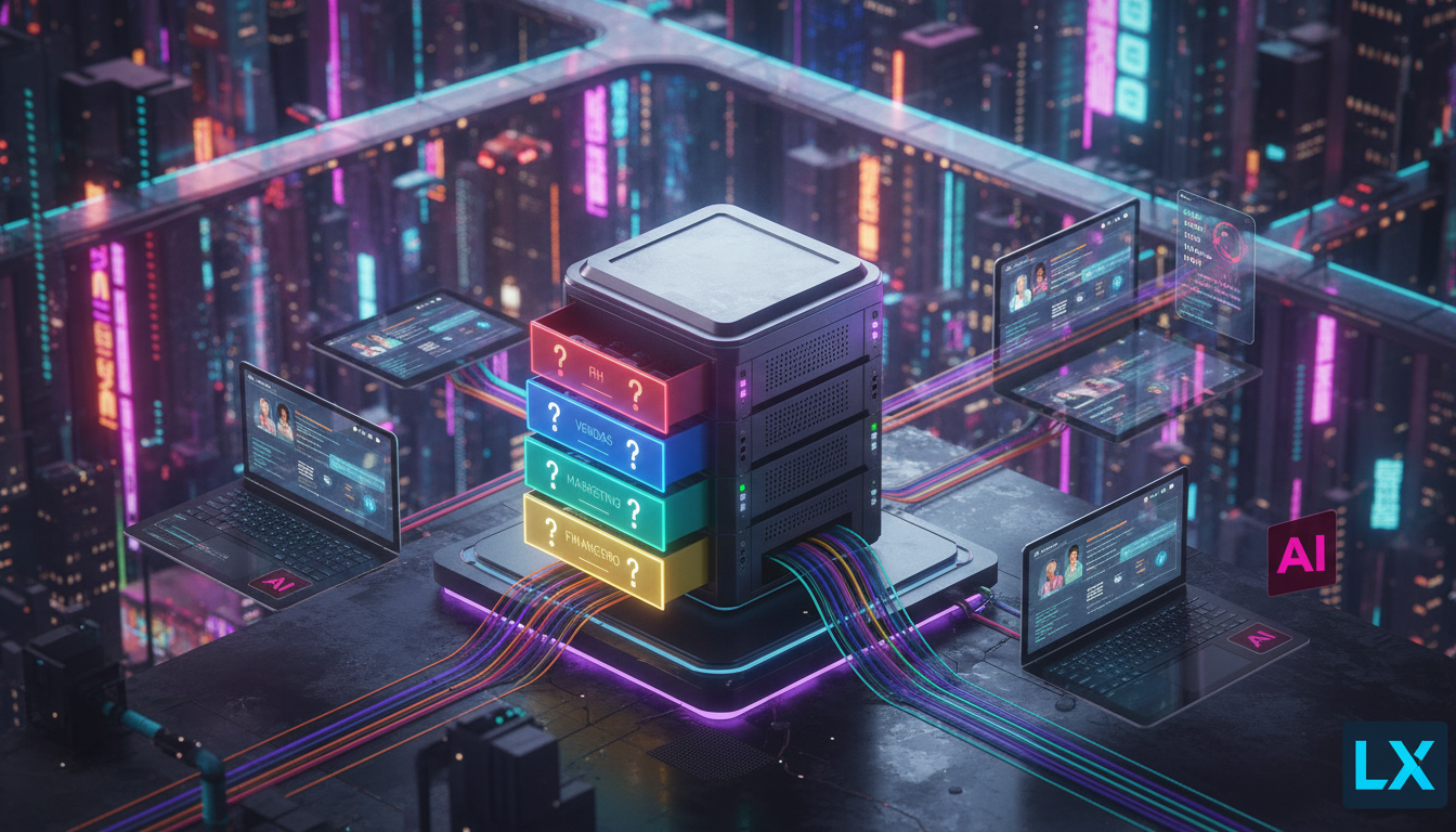 O que é Banco de Questões e como aplicar na Educação Corporativa/EAD — Ilustração isométrica de um servidor central com várias gavetas rotuladas com diferentes categorias: 'RH', 'Vendas', 'Marketing',