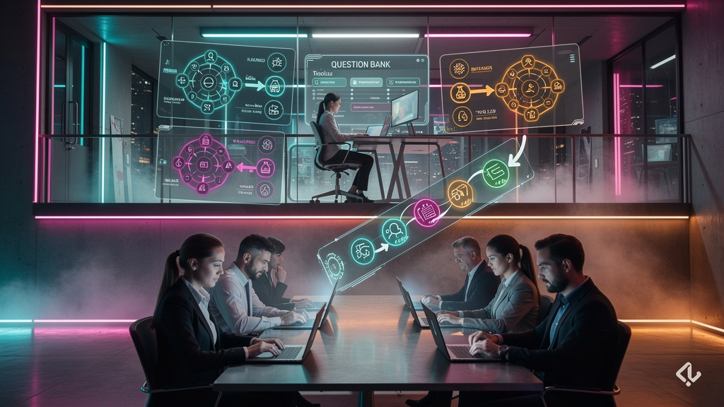 O que é Banco de Questões e como aplicar na Educação Corporativa/EAD — Um diagrama de fluxo ilustrando o processo de criação e aplicação de um banco de questões. No bloco superior, um designer de inst