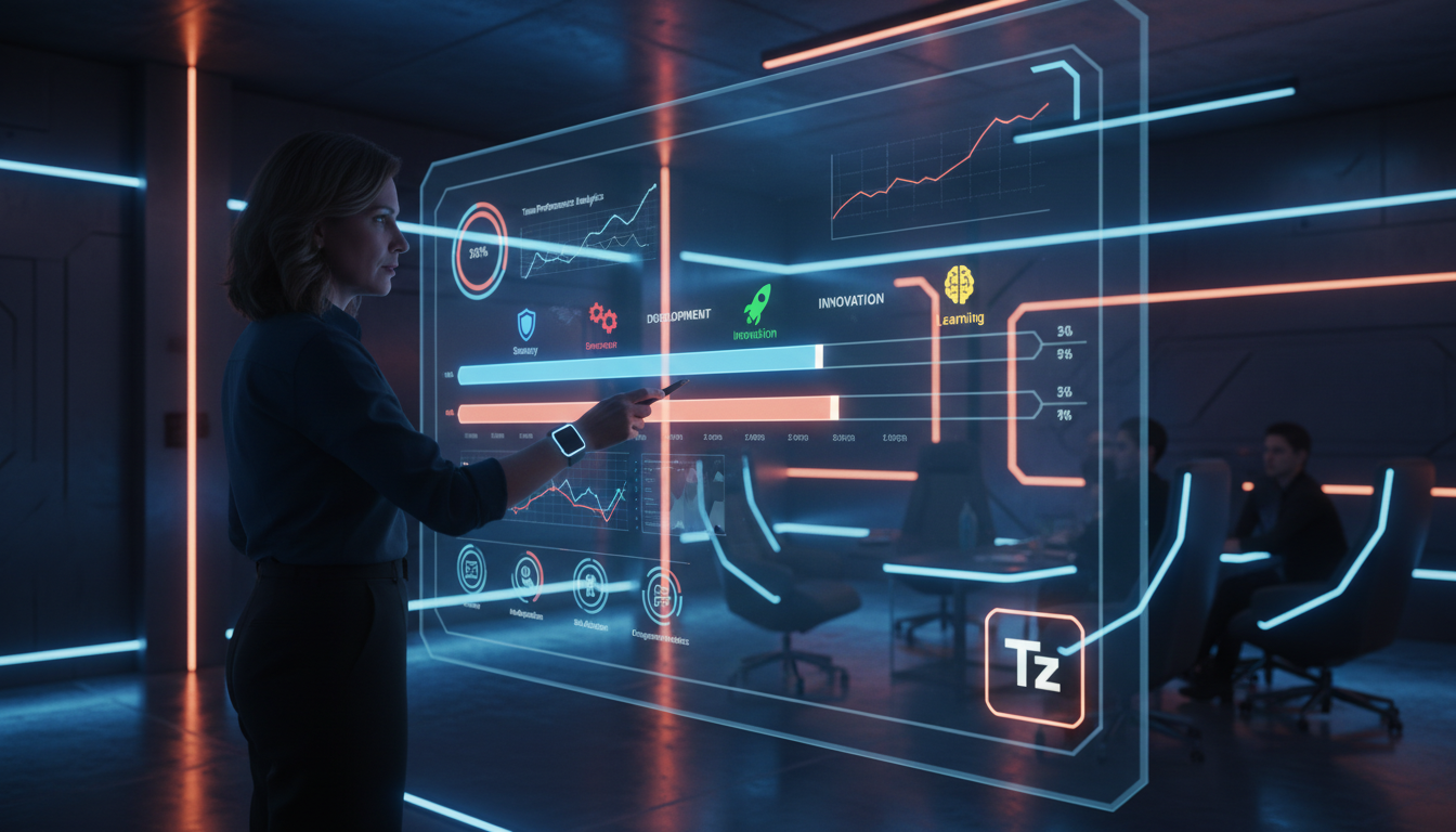 O que é Barra de Progresso e como aplicar na Educação Corporativa? — Um instrutor em frente a uma tela grande em uma sala de treinamento corporativo, apontando para uma barra de progresso detalhada ex