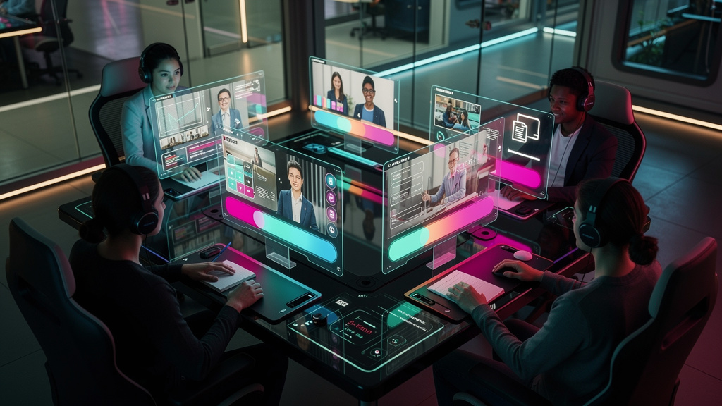 O que é Barra de Progresso e como aplicar no EAD? — Ilustração isométrica de uma plataforma de EAD. Alunos virtuais (avatars) interagindo com diferentes elementos da plataforma: assistindo vídeos, res