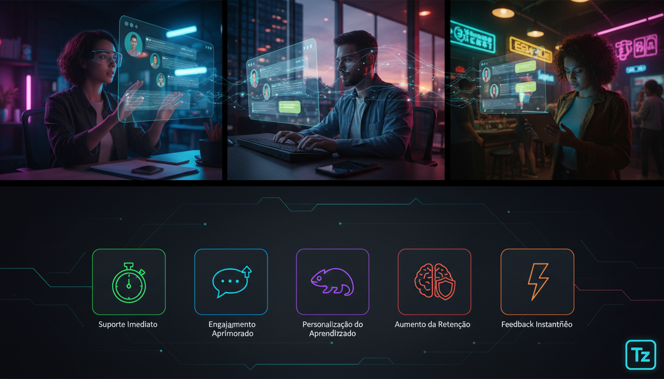 O que é Chat em Tempo Real e como aplicar na Educação Corporativa? — Infográfico em duas partes para carrossel do Instagram. Parte superior: Alunos em diferentes locais (casa, escritório, cafeteria) i