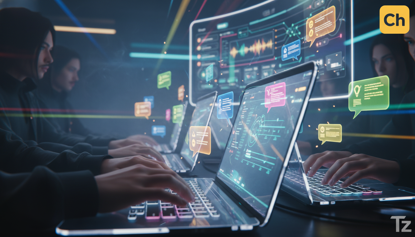 O que é Chat em Tempo Real e como aplicar na Educação Corporativa? — Um close-up vibrante de diversas mãos digitando rapidamente em teclados de laptops, com balões de conversa coloridos flutuando acim
