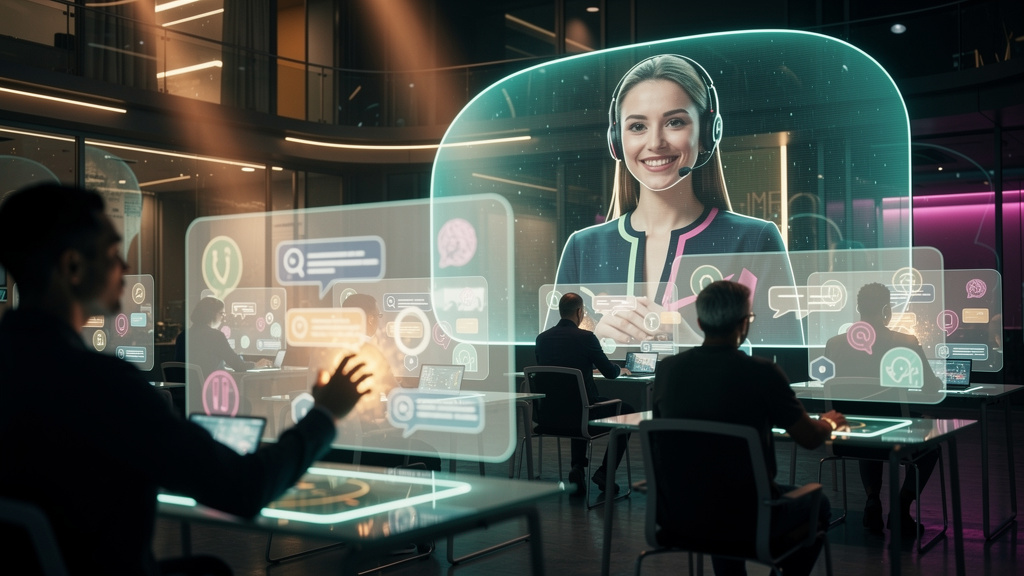 O que é Chat em Tempo Real e como aplicar na Educação Corporativa — Uma instrutora virtual em estilo de desenho animado amigável, usando fones de ouvido, interagindo com vários avatares de alunos em u