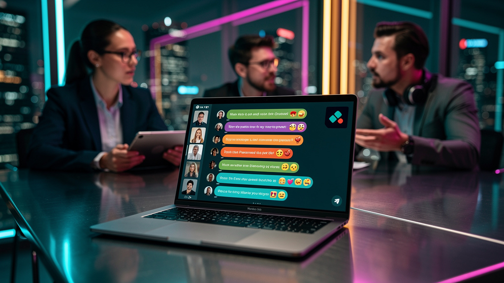O que é Chat em Tempo Real e como aplicar na Educação Corporativa — Uma tela de laptop mostrando uma interface de chat em tempo real da Toolzz LXP. Vários avatares de alunos participando de uma discus