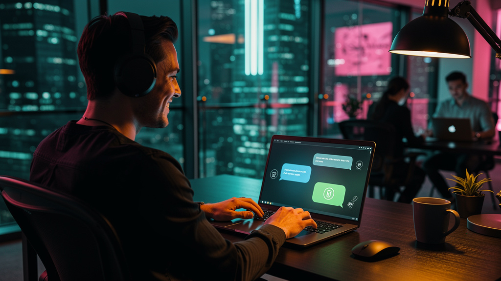 O que é Chatbot de Suporte com IA e como aplicar? — Um usuário em um escritório moderno, com fones de ouvido, digitando uma pergunta em um chatbot em sua tela. O chatbot responde em tempo real, com um