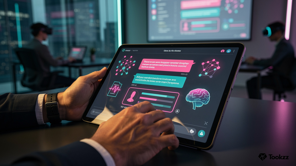 O que é Chatbot de Suporte com IA e como aplicar na Educação Corporativa — Um close-up estilizado de uma interface de chatbot em um tablet, mostrando um diálogo entre um colaborador e o chatbot. O cha