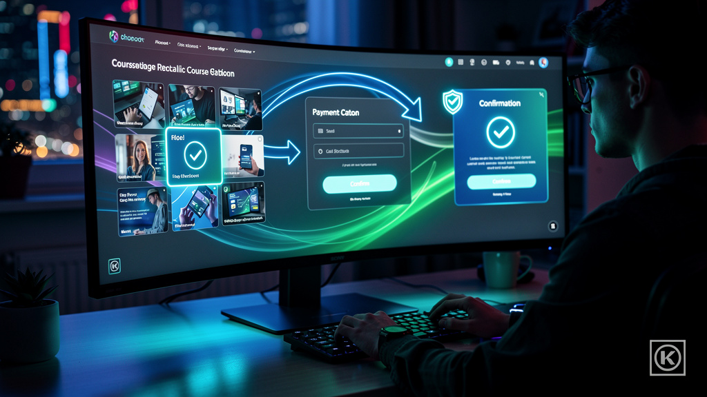 O que é Checkout Integrado e como aplicar na Educação Corporativa/EAD — Diagrama ilustrativo mostrando o fluxo do checkout integrado: um aluno seleciona um curso em uma plataforma de EAD (com a marca 