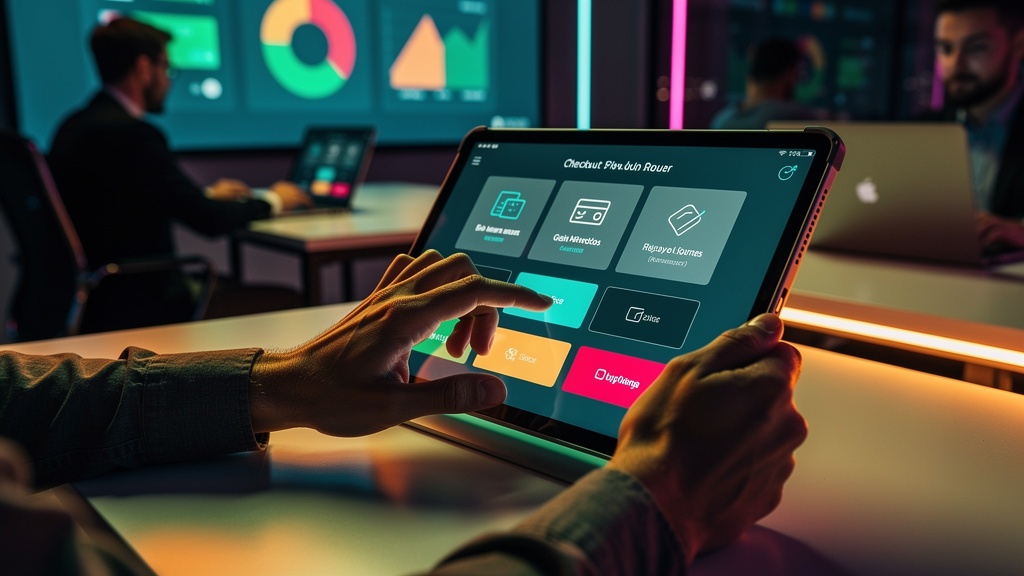 O que é Checkout Integrado e Como Aplicar na Educação Corporativa/EAD — Um close-up das mãos de um estudante interagindo com uma interface de checkout intuitiva em um tablet. A interface mostra opções
