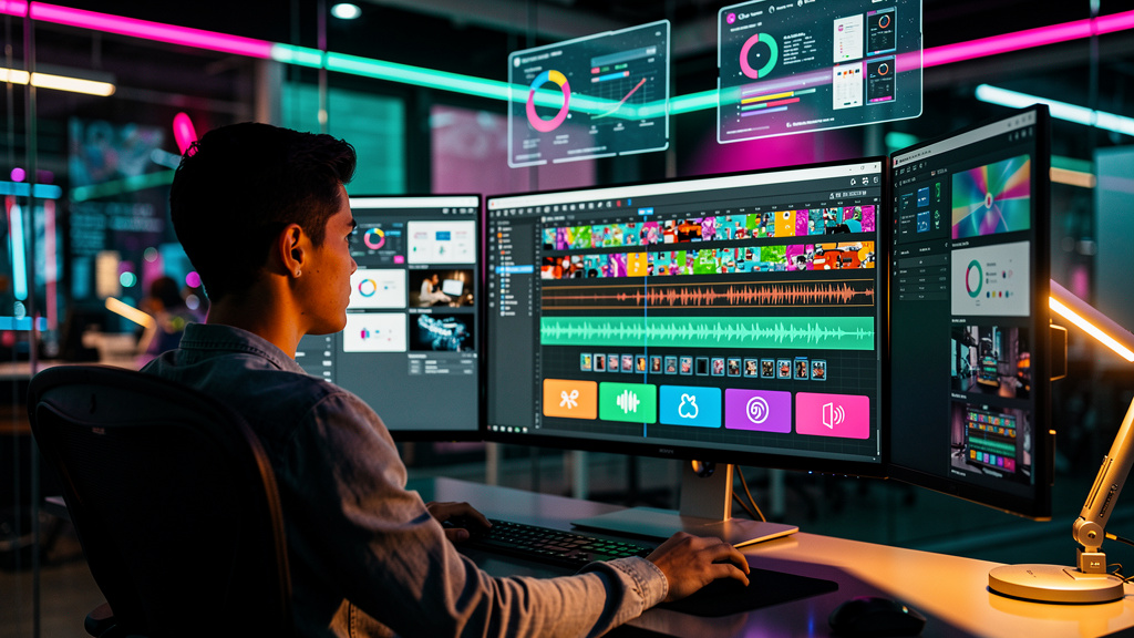 O que é Conteúdo Multimídia e como aplicar na Educação Corporativa — Um designer instrucional trabalhando em um software de autoria, criando um curso online interativo. A tela do computador exibe uma 