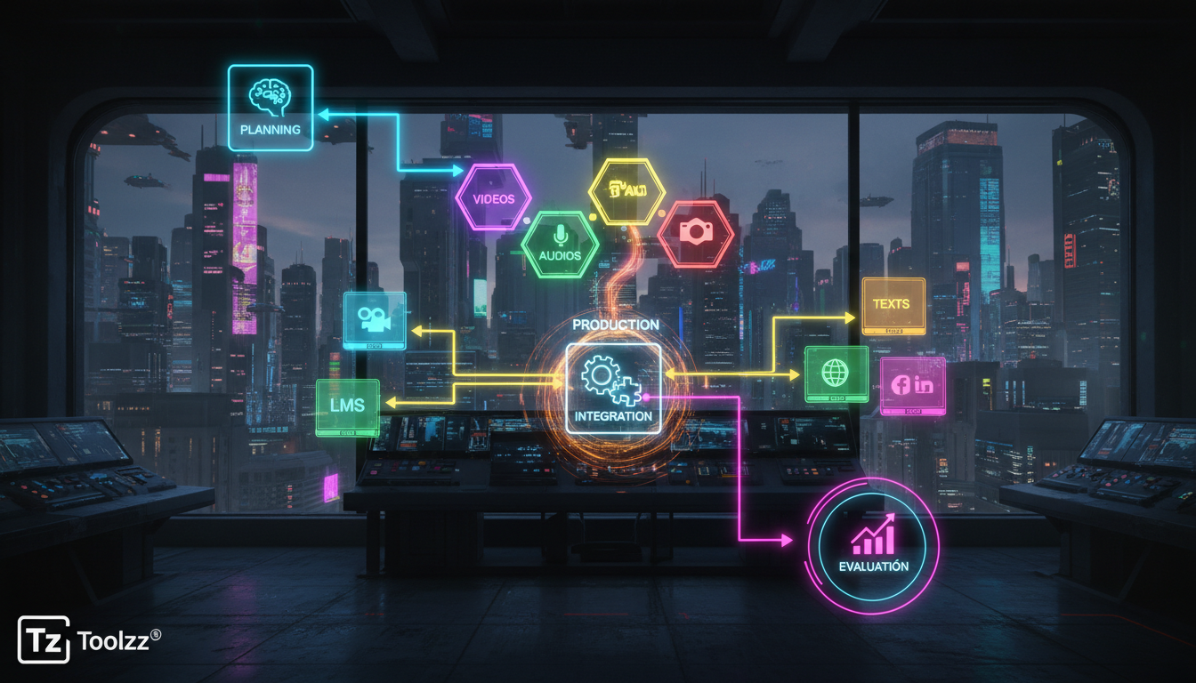 O que é Conteúdo Multimídia e como aplicar na Educação Corporativa? — Um diagrama de fluxo detalhado mostrando o processo de criação de conteúdo multimídia para educação corporativa. O diagrama começa