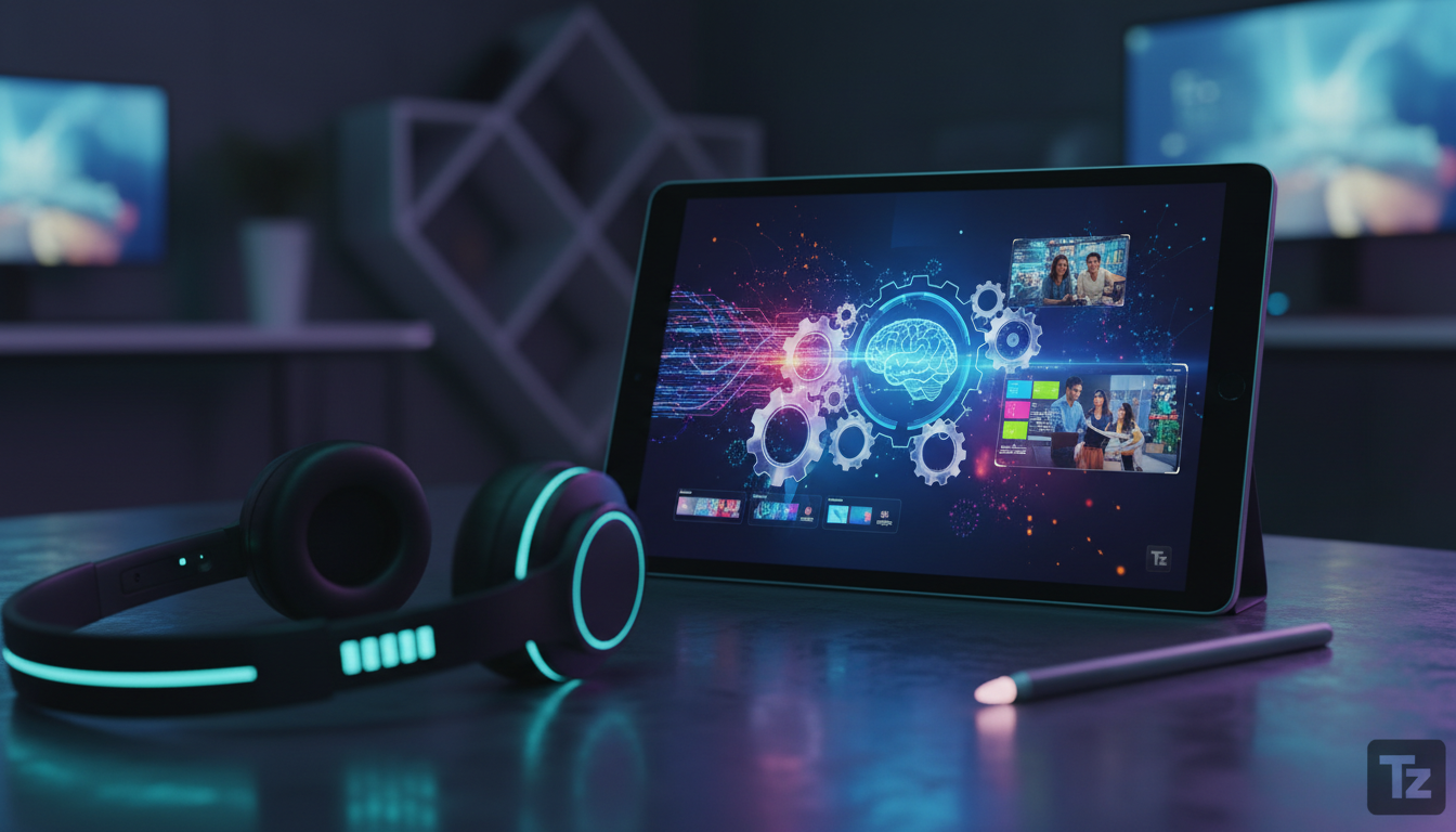 O que é Conteúdo Multimídia e como aplicar no EAD? — Um close-up de um tablet exibindo um vídeo explicativo sobre um conceito complexo. Ao lado do tablet, fones de ouvido e uma caneta stylus. No canto