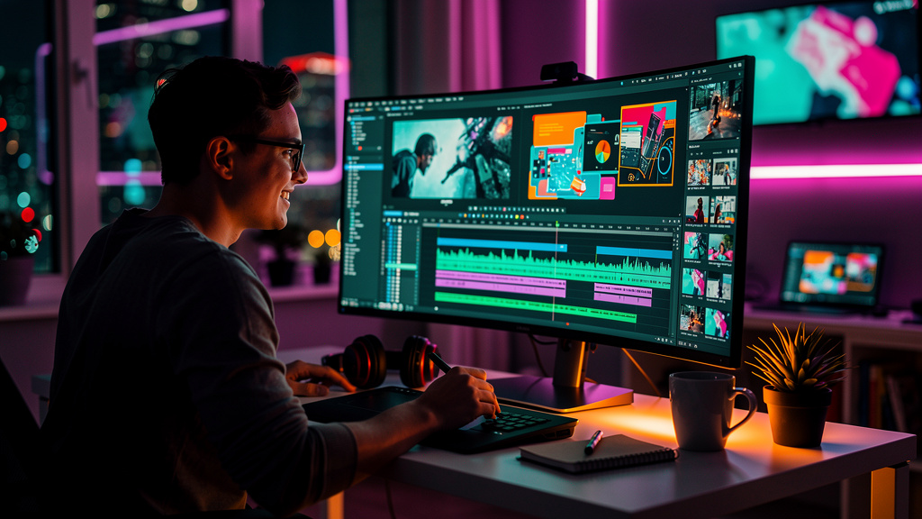 O que é Conteúdo Multimídia e como aplicar no EAD? — Um designer de EAD cria conteúdo multimídia em um software de edição intuitivo, com a interface exibindo linhas do tempo de vídeo, gráficos e texto