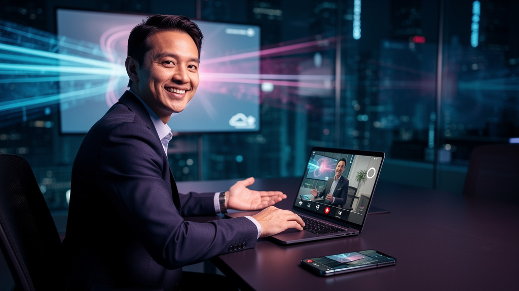 O que é Conteúdo Offline e como aplicar na Educação Corporativa — Um instrutor de treinamento corporativo sorrindo e apontando para um laptop com a tela mostrando um vídeo de treinamento. Ao lado, um 