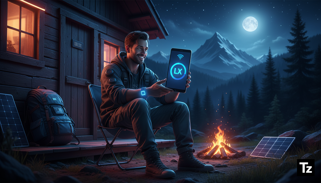 O que é Conteúdo Offline e como aplicar na Educação Corporativa — Um usuário baixando um módulo de treinamento em seu smartphone em um local remoto, como uma cabana nas montanhas, onde a recepção do s