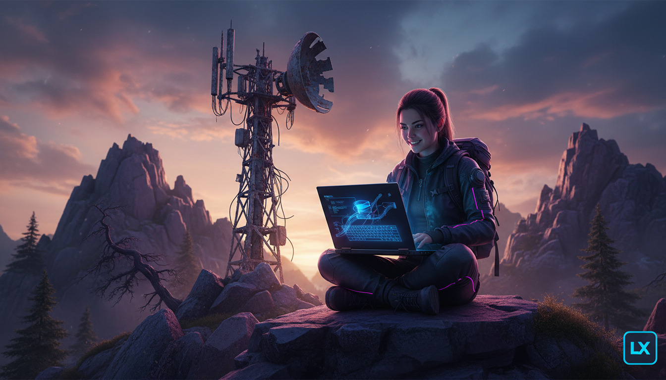 O que é Conteúdo Offline e como aplicar na Educação Corporativa/EAD — Uma pessoa em uma área remota, talvez uma montanha ou floresta, com um laptop aberto. A pessoa está sorrindo e parece estar aprend