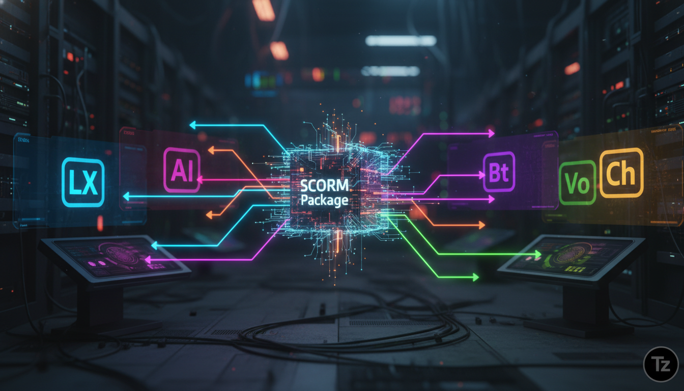 O que é Conteúdo SCORM e como aplicar na Educação Corporativa — Diagrama ilustrativo mostrando um pacote SCORM sendo transferido entre diferentes plataformas de e-learning (LMS, LXP, etc.). Cada plata