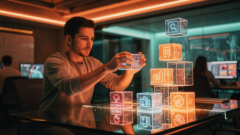 O que é Conteúdo SCORM e como aplicar na Educação Corporativa? — Um arquiteto de software construindo uma estrutura com blocos de construção digitais. Cada bloco representa um componente do SCORM (con