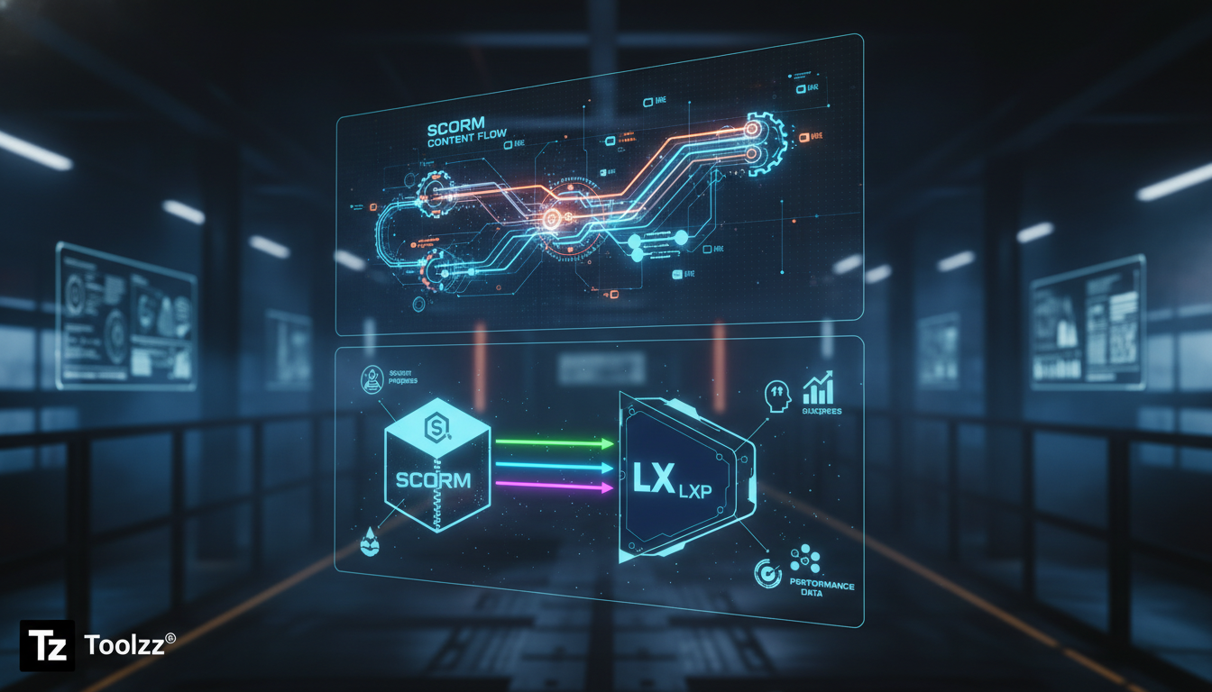 O que é Conteúdo SCORM e como aplicar na Educação Corporativa — Um diagrama infográfico dividido em duas partes (superior e inferior para carrossel). Parte superior: título 'Como o Conteúdo SCORM Func
