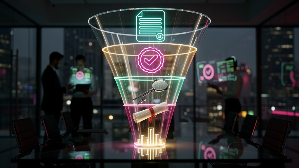 O que é Controle de Matrículas e como aplicar na Educação Corporativa/EAD — Ilustração de um funil de matrículas em formato de diagrama, com diferentes etapas representadas por ícones: inscrição (form