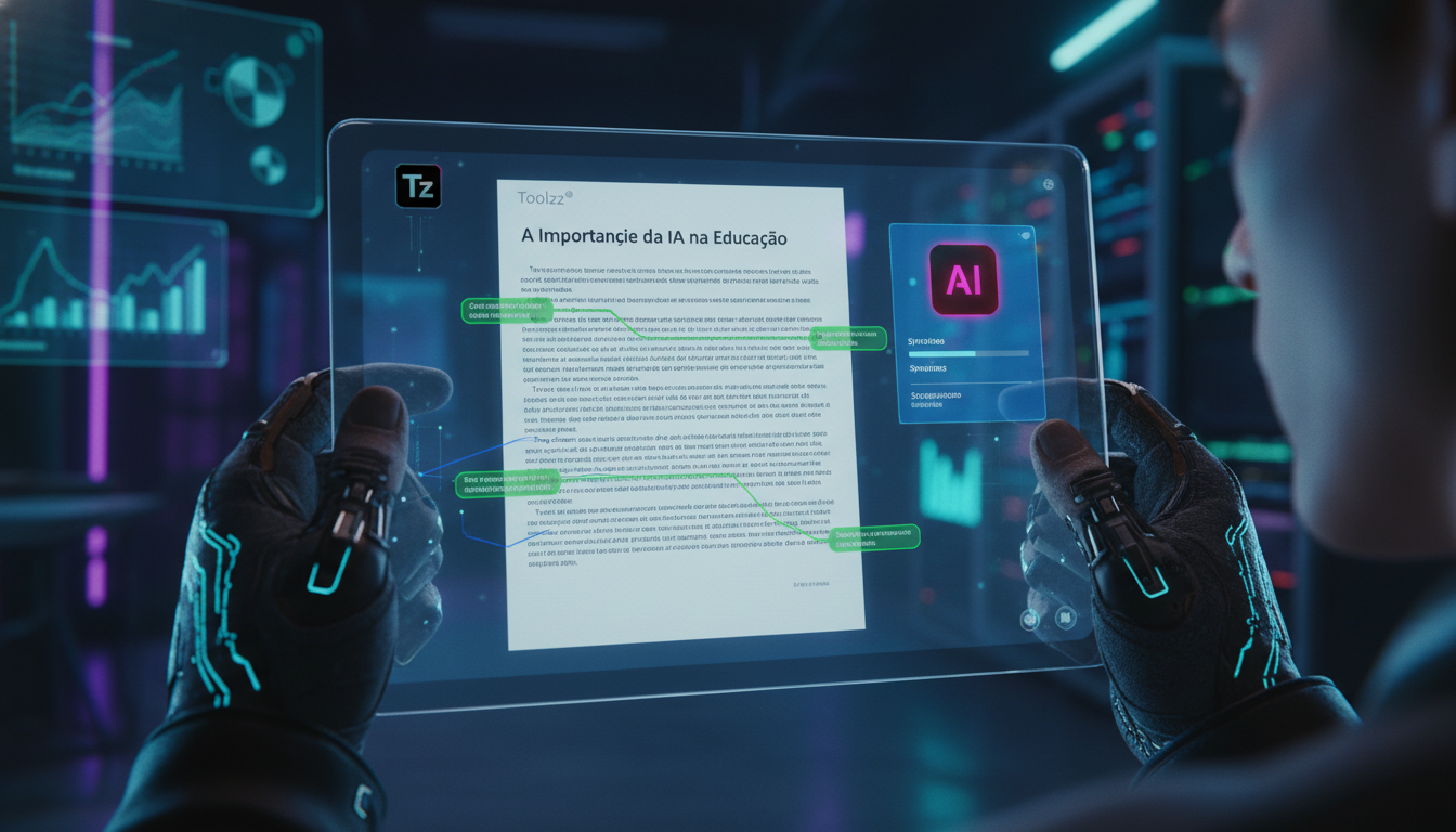 O que é Correção Automática com IA e como aplicar — Close-up de uma tela de tablet mostrando uma redação sendo corrigida em tempo real por IA. Anotações e sugestões aparecem instantaneamente, destacan
