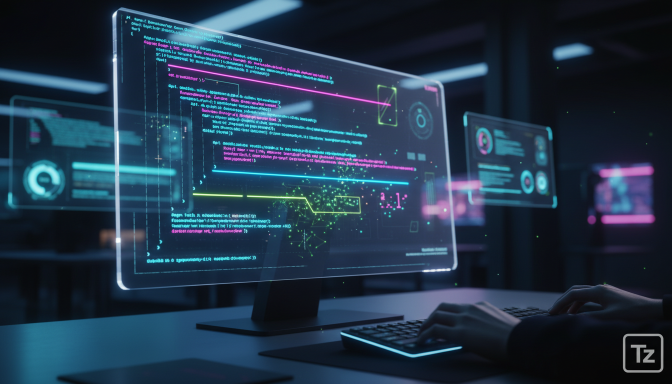 O Que é Correção Automática com IA e Como Aplicar na Educação Corporativa — Close-up de uma tela de computador mostrando linhas de código sendo analisadas e corrigidas por uma IA. As correções aparece