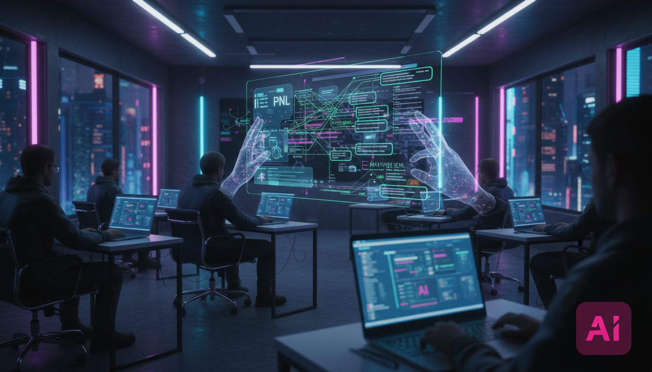 O que é Correção Automática com IA e como aplicar na Educação Corporativa? — Ilustração digital de uma sala de aula corporativa moderna, com diversos colaboradores utilizando laptops. Um holograma pro