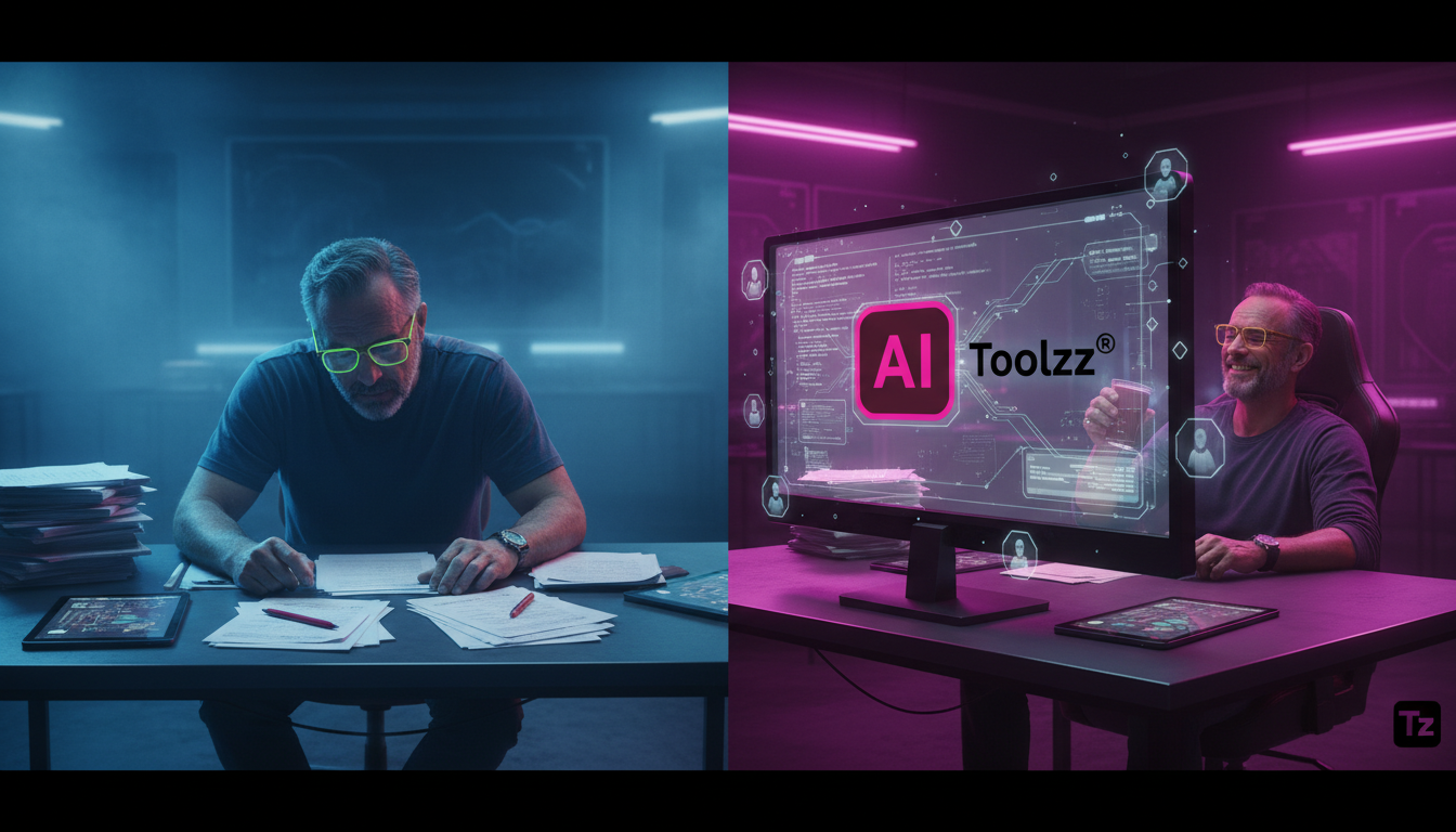 O que é Correção Automática com IA e como aplicar na Educação Corporativa/EAD — Uma tela dividida ao meio: de um lado, um professor sobrecarregado corrigindo pilhas de provas manualmente, com expressã