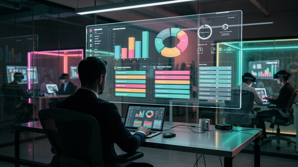 O que é Dashboard do Admin e como aplicar na Educação Corporativa/EAD — Ilustração isométrica de um dashboard de administração moderno e intuitivo, exibindo gráficos de barras, gráficos de pizza e tab