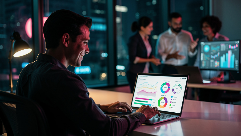 O que é Dashboard do Admin e como aplicar no EAD — Um administrador de EAD sorrindo e olhando para um dashboard da Toolzz LXP em seu laptop, com gráficos de progresso dos alunos e taxas de conclusão d
