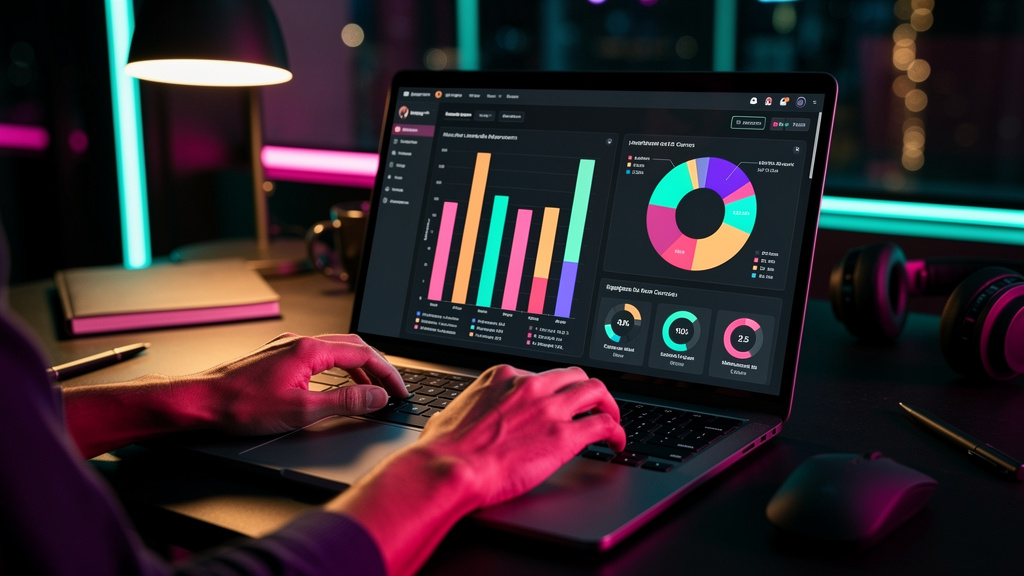 O que é Dashboard do Admin e como aplicar no EAD? — Um close-up das mãos de um administrador de EAD trabalhando em um laptop. A tela do laptop mostra um dashboard da Toolzz LXP com diversos gráficos e