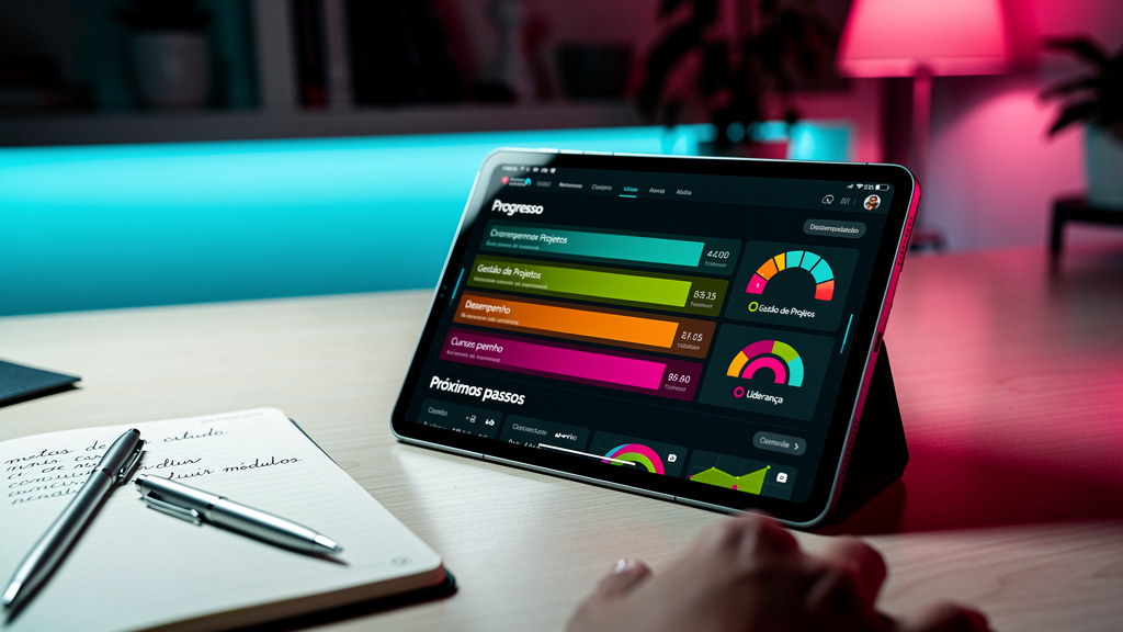 O que é Dashboard do Aluno e como aplicar? — Um dashboard do aluno exibido em um tablet, mostrando barras de progresso vibrantes, gráficos de desempenho detalhados e sugestões personalizadas de cursos