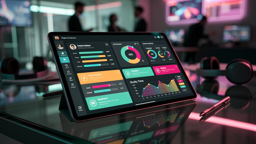 O que é Dashboard do Aluno e como aplicar na Educação Corporativa — Close-up de um tablet exibindo um dashboard do aluno com métricas de progresso claramente visíveis: barras de conclusão de cursos, g