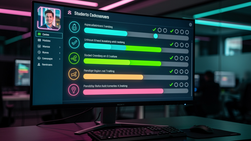 O que é Dashboard do Aluno e como aplicar na Educação Corporativa — Um close-up de um dashboard digital exibindo o progresso de um aluno em um curso online. Gráficos de barras mostram o percentual de 