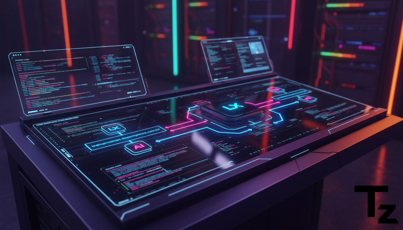 O que é Domínio Personalizado e como aplicar na Educação Corporativa? — Um close-up de um painel de controle de DNS com vários registros configurados. Setas luminosas indicam o fluxo de dados do domín