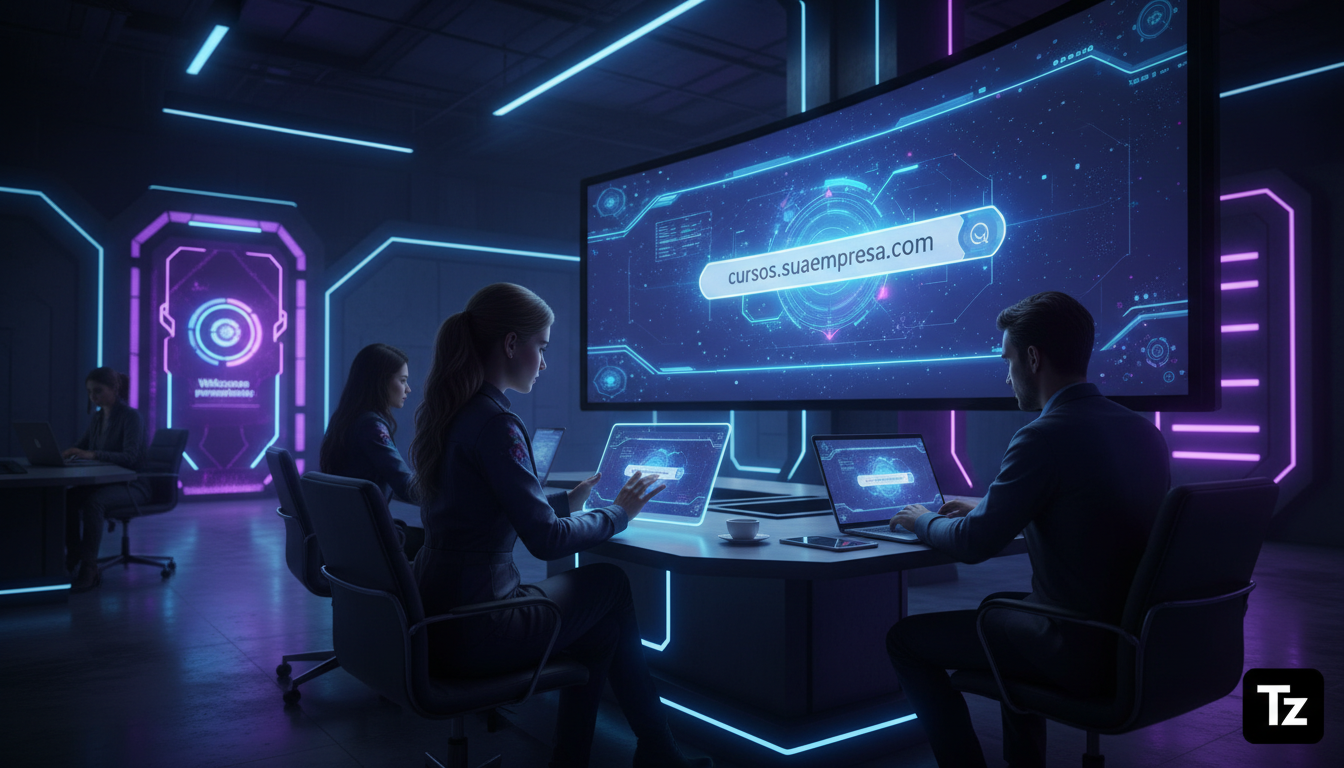 O que é Domínio Personalizado e Como Aplicar na Educação Corporativa? — Um escritório moderno com um monitor grande exibindo uma plataforma de EAD. Vários funcionários interagem com a plataforma atrav