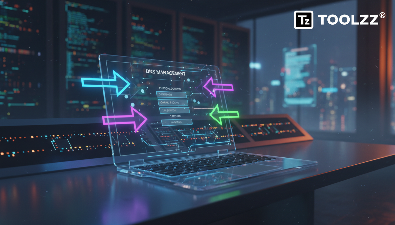O que é Domínio Personalizado e como aplicar na Educação Corporativa — Uma tela de laptop mostrando o painel de controle DNS de um domínio, com setas coloridas indicando os campos a serem preenchidos.