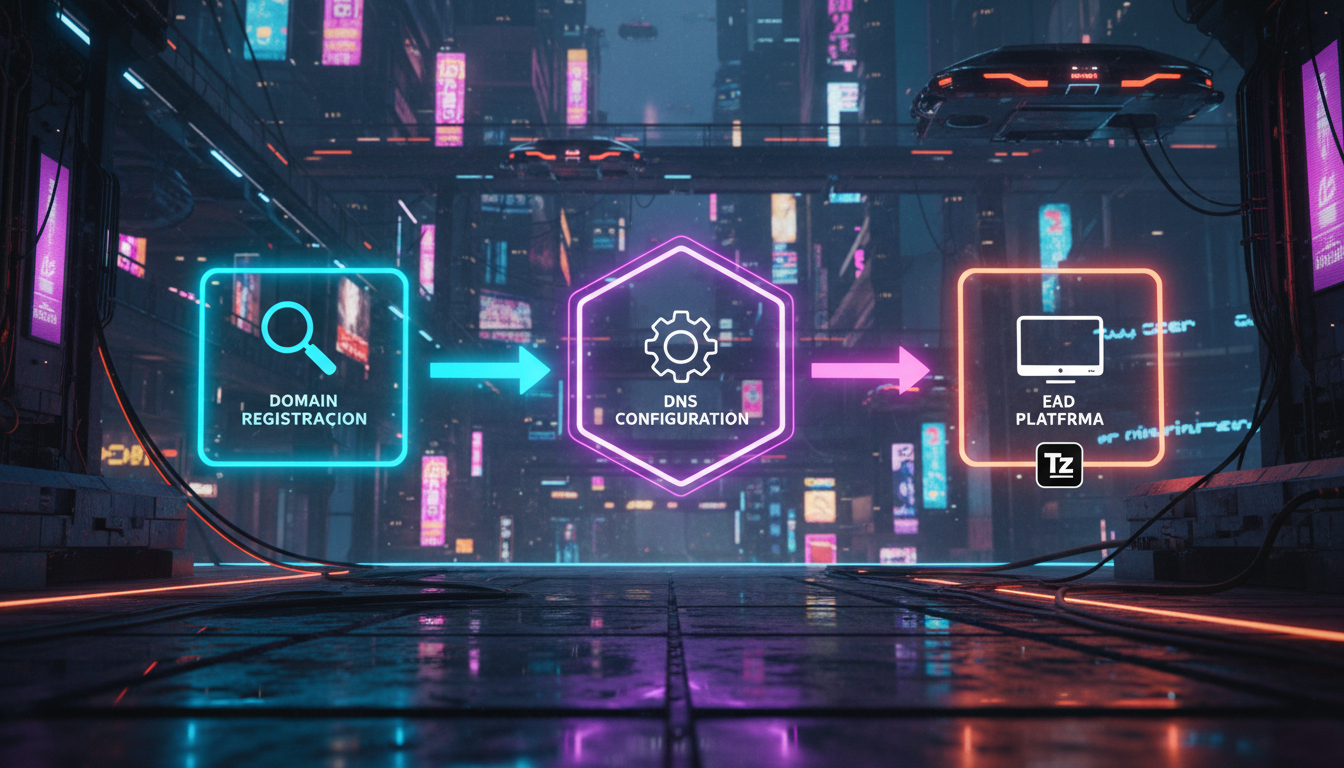 O que é Domínio Personalizado e como aplicar na Educação Corporativa/EAD? — Um diagrama de fluxo simplificado mostrando o processo de implementação de um domínio personalizado. Começa com 'Registro do