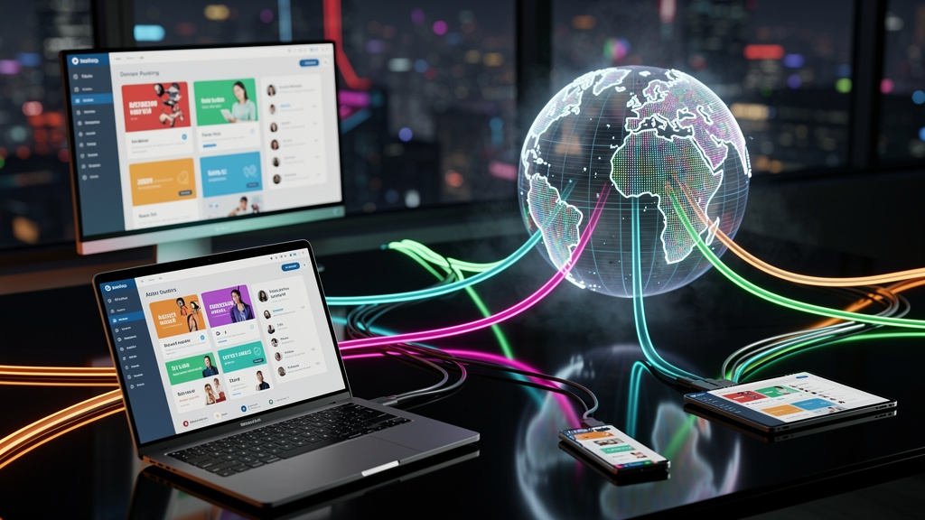 O que é Domínio Personalizado e como aplicar no EAD — Um diagrama visual que ilustra o fluxo de dados do domínio personalizado. No centro, um globo terrestre estilizado com várias linhas conectando-o 