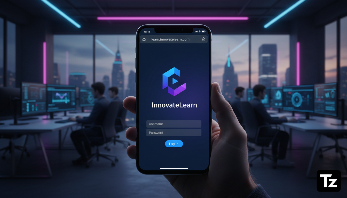 O que é Domínio Personalizado e como aplicar no EAD — Uma mão segurando um smartphone que exibe uma tela de login personalizada para uma plataforma de EAD corporativa. O domínio na barra de endereço r