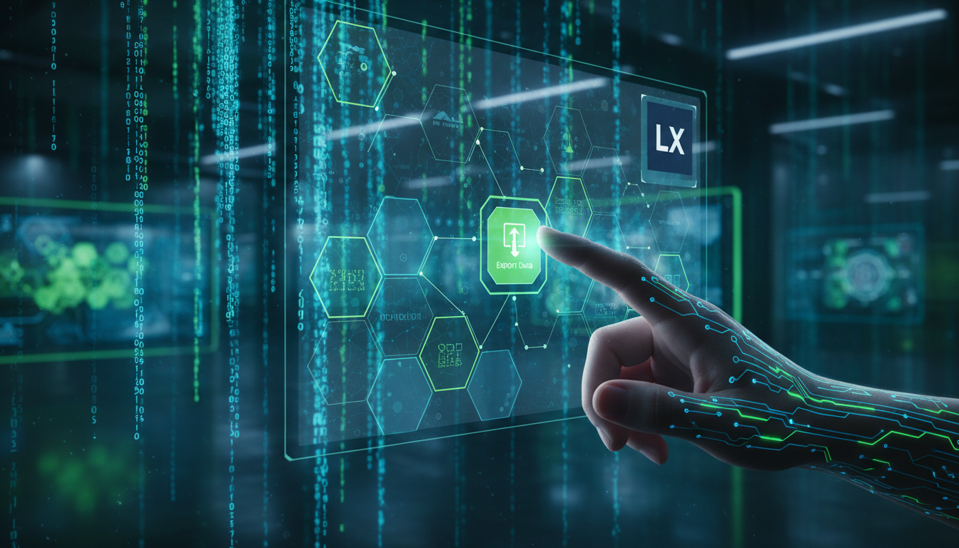 O que é Exportação de Dados e como Aplicar na Educação Corporativa? — Close-up de uma mão selecionando campos de dados em uma interface de software complexa, com linhas de código e gráficos visíveis e