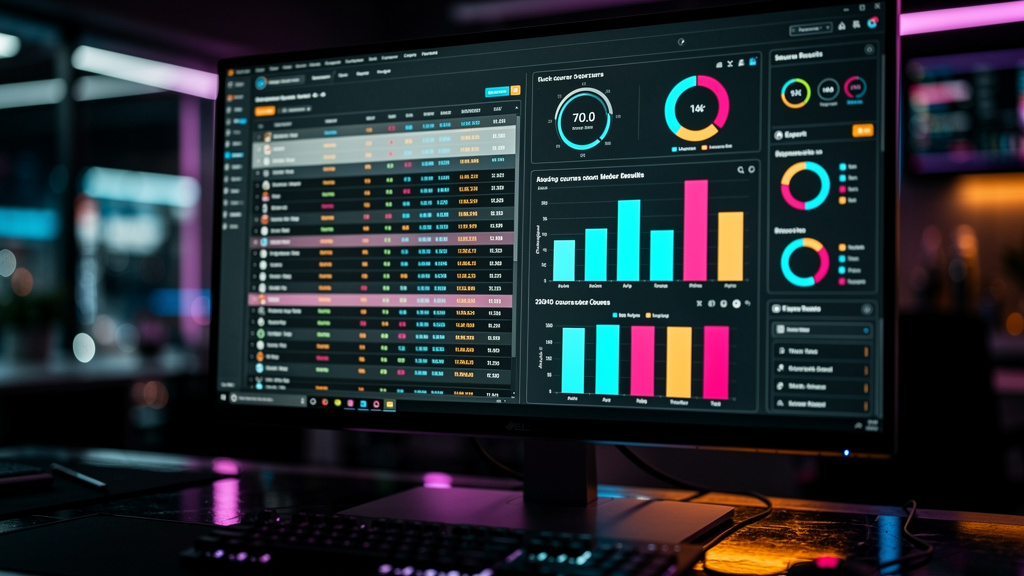 O que é Exportação de Dados e como aplicar na Educação Corporativa/EAD — Um close-up de uma tela de computador mostrando uma interface de usuário complexa com várias janelas abertas. Uma janela exibe 